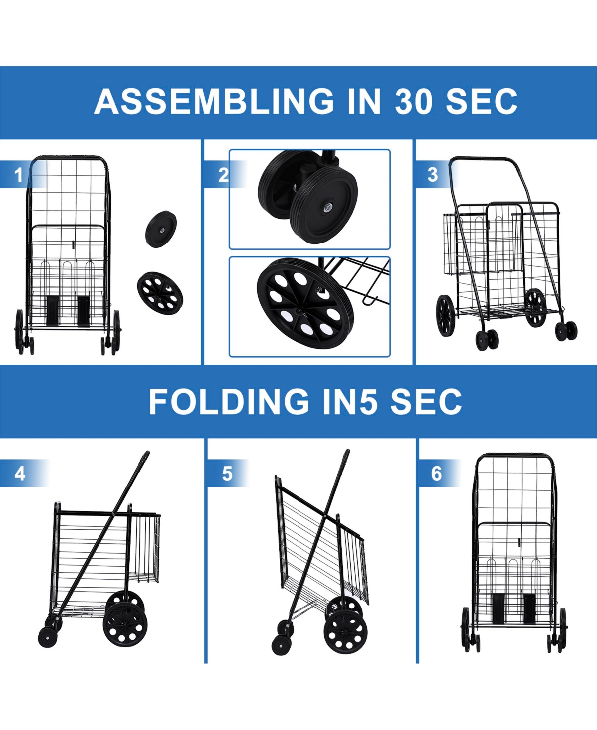Sugift Folding Shopping Cart with Removable Waterproof Liner, 360° Swivel Wheels, Heavy Duty Utility Cart for Shopping