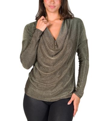 Women's Cowl Neck Long Sleeve Shimmery Fabric Top