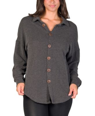 Women's Ribbed Button Up Long Sleeve Collared Shirt Jacket
