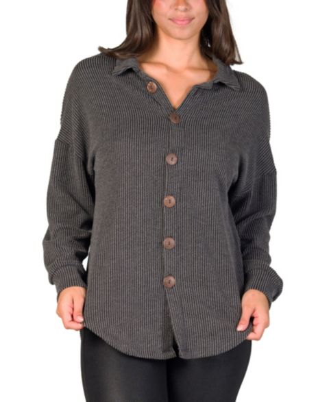 Женская куртка 24seven Comfort Apparel Ribbed Button Up Long Sleeve Collared Shirt Jacket, цвет: Чёрный