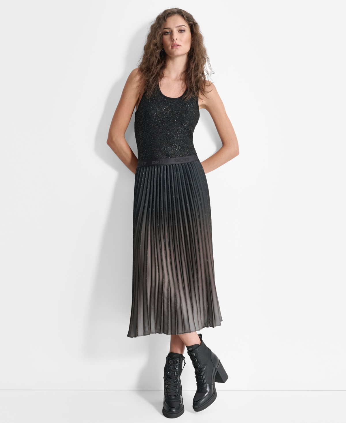 Dkny Women's Pull-On Logo-Waistband Pleated Midi Skirt