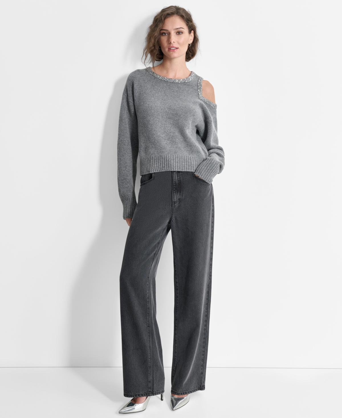 Dkny Women's Cold-Shoulder Embellished Long-Sleeve Sweater