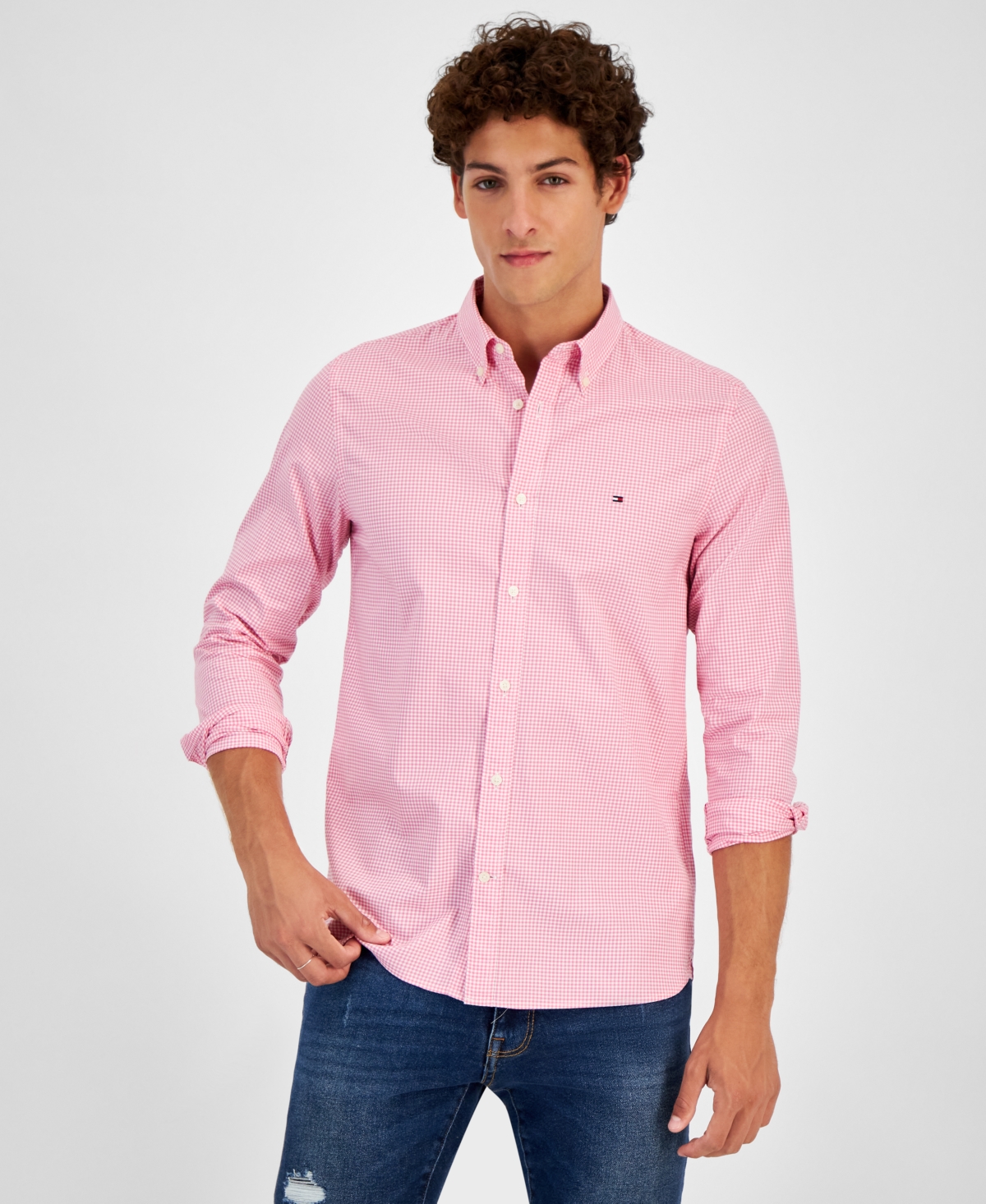 Tommy Hilfilger Men's Long Sleeve Button-Front Poplin Micro Gingham Shirt -/ Optic White