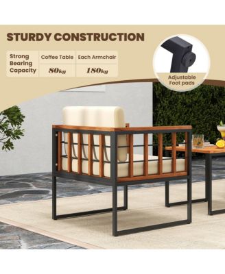 3 Pieces Patio Furniture Set Acacia Wood Bistro Conversation Set w/ 2 Cushioned Chairs Beige