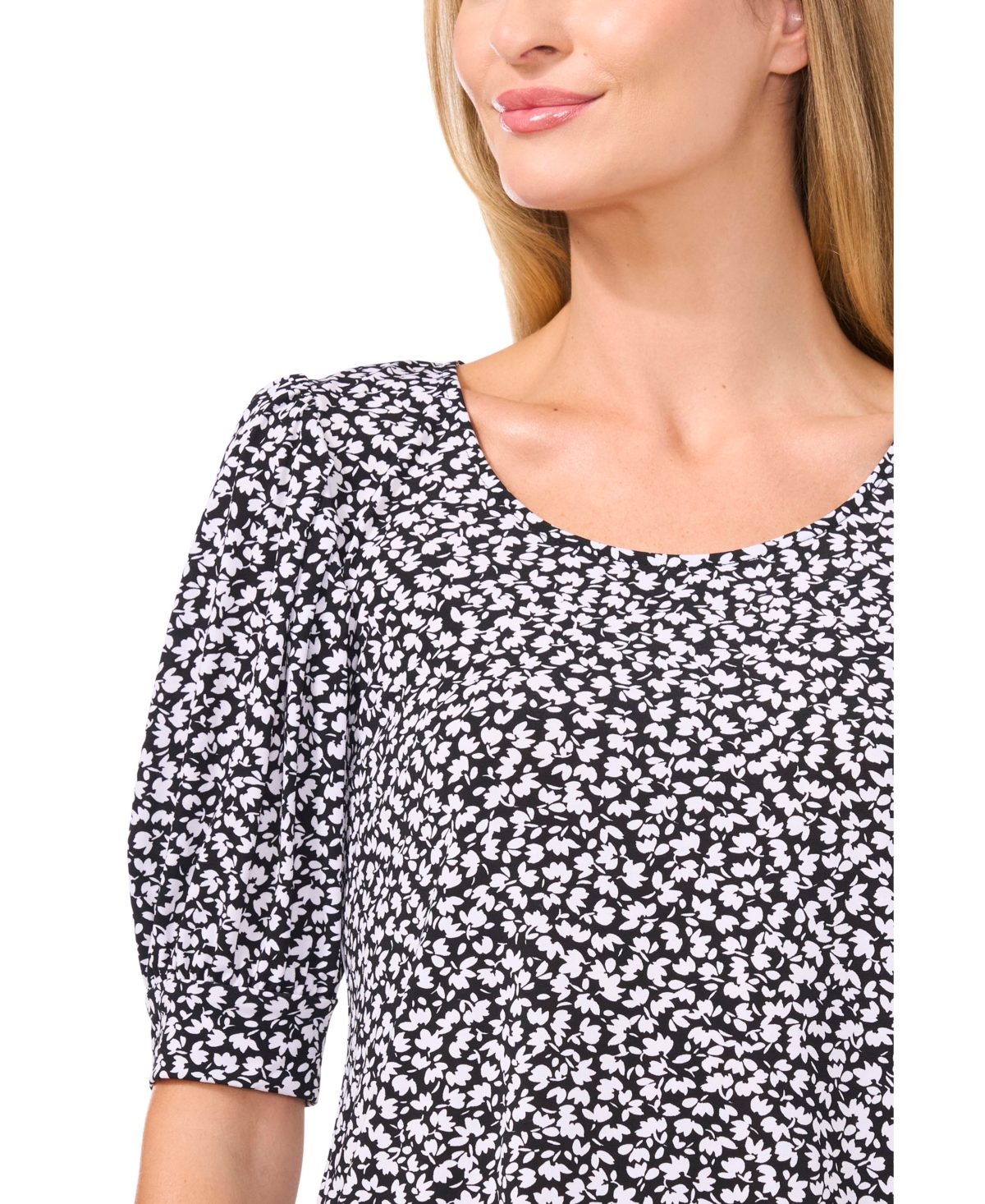 CeCe Women's Tiny Floral Printed Puff Sleeve Knit Top