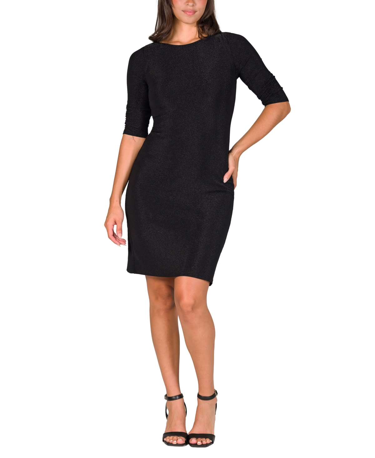 24seven Comfort Apparel Petites Elbow Length Sleeve Shimmer Bodycon Mini Party Dress In Black