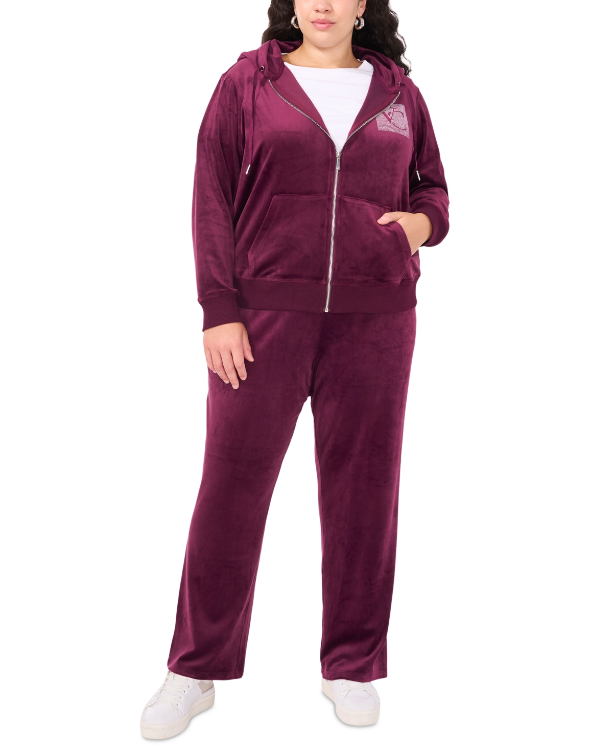 Vince Camuto Plus Size Velour Rhinestone-Logo Hoodie, Created for Macy's