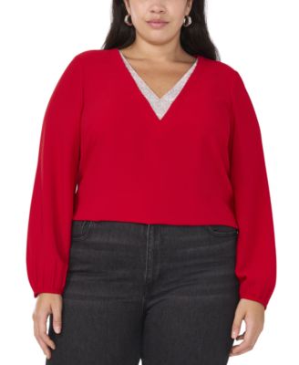 Vince Camuto - Plus Size Rhinestone-Trim V-Neck Blouse