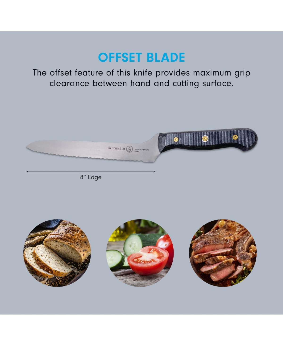 Messermeister Custom Offset Scalloped Knife, 8” - Silver with black textured handle