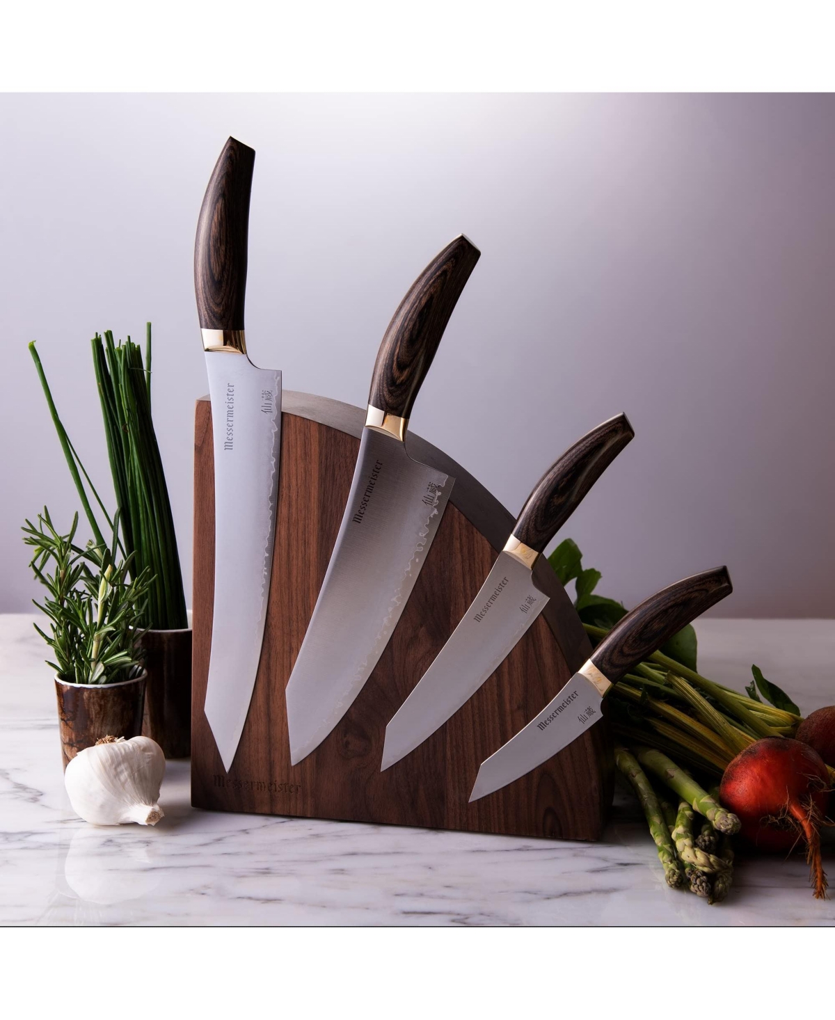 Messermeister Kawashima 5 Piece Set with Magnet Block - Silver with walnut handle