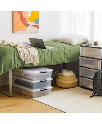 USA 40 Qt Plastic Under Bed Storage Stackable Nestable Organizer Bin Container with Secure Lids and Durable Black Buckles, Multi-Purpose for Clothes, Shoes, and Bedding, Pearl, 4 Pack