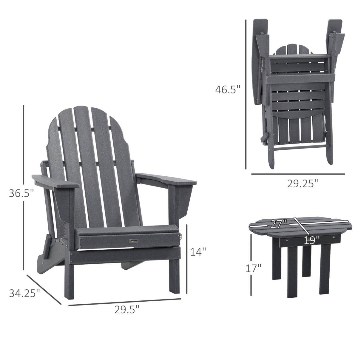 Outsunny 3pc Outdoor Folding Patio Furniture Set, 2 Adirondack Chairs, Table,- Dark grey