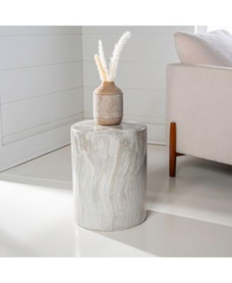 Troy 16" Modern Minimalist Faux Marble Column Indoor/Outdoor Accent Table, Gray/Gold
