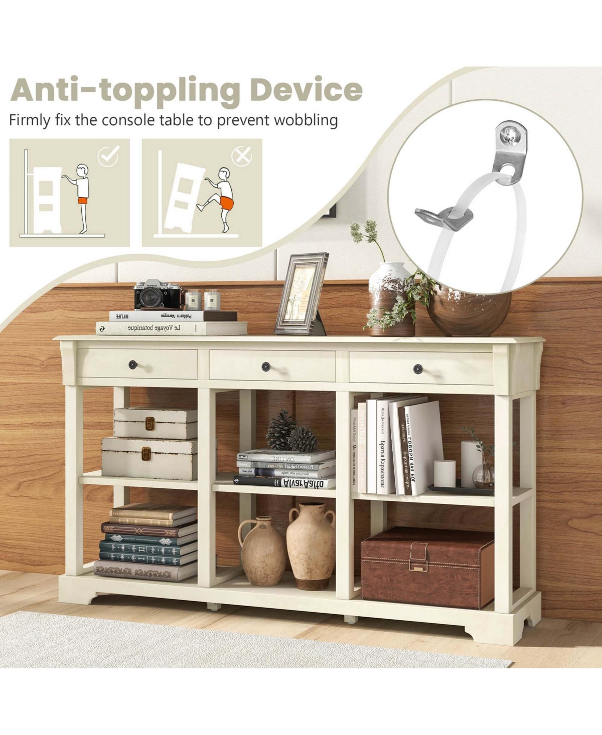 Costway Long Sofa Table with Storage Retro Console Table with 3 Drawers & Open Shelves