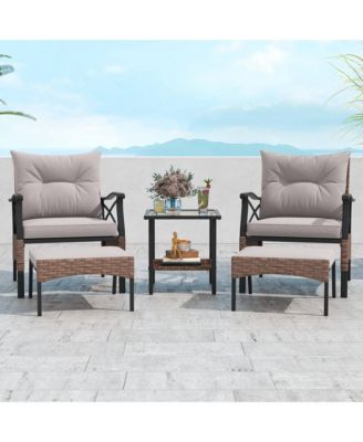 5 PCS Patio Furniture Set with 2-Tier Coffee Table & 2 Ottomans Cushions Included