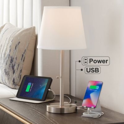 Modern Accent Table Lamp with Hotel Style USB and AC Power Outlet in Base 20" High Brushed Steel White Empire Shade for Living Room Desk