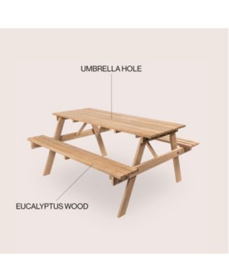 Shoreham 55" Modern Classic Outdoor Wood Picnic Table Benches with Umbrella Hole, Light Teak
