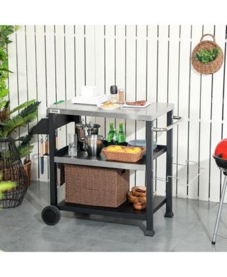 Movable Stainless Steel 3-Shelf Outdoor Grill Cart w/ Side Handle