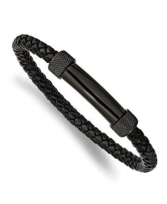 Stainless Steel Black Ip Plated Black Braided Leather Bracelet