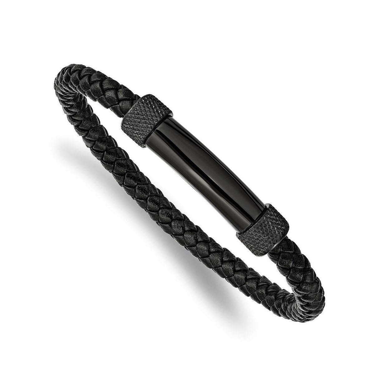 Stainless Steel Black Ip-plated Black Braided Leather Bracelet - Black