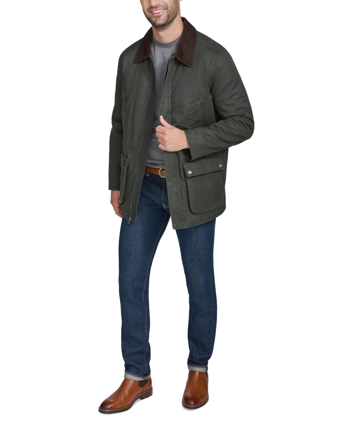 Cole Haan Men's Corduroy-Shirt-Collar Waxed Rain Jacket
