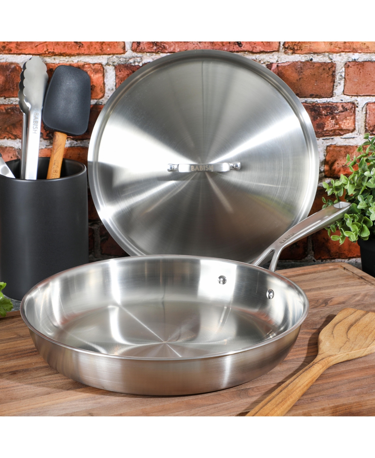 Babish 12 Inch Stainless Steel Triply Professional Grade Fry Pan w/ Stainless Lid