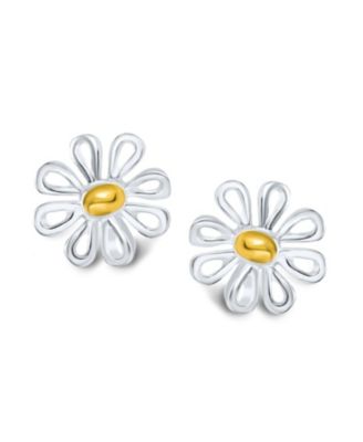 Summer Spring Time Two Tone Charm Sunflower Daisy Flower Stud Earring Yellow Gold Plated Sterling Silver