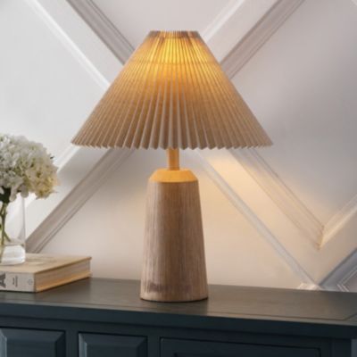 Arvid 20.5" Rustic Scandinavian Resin/Iron Lighthouse LED Table Lamp with Pleated Shade, Beige Wood Finish