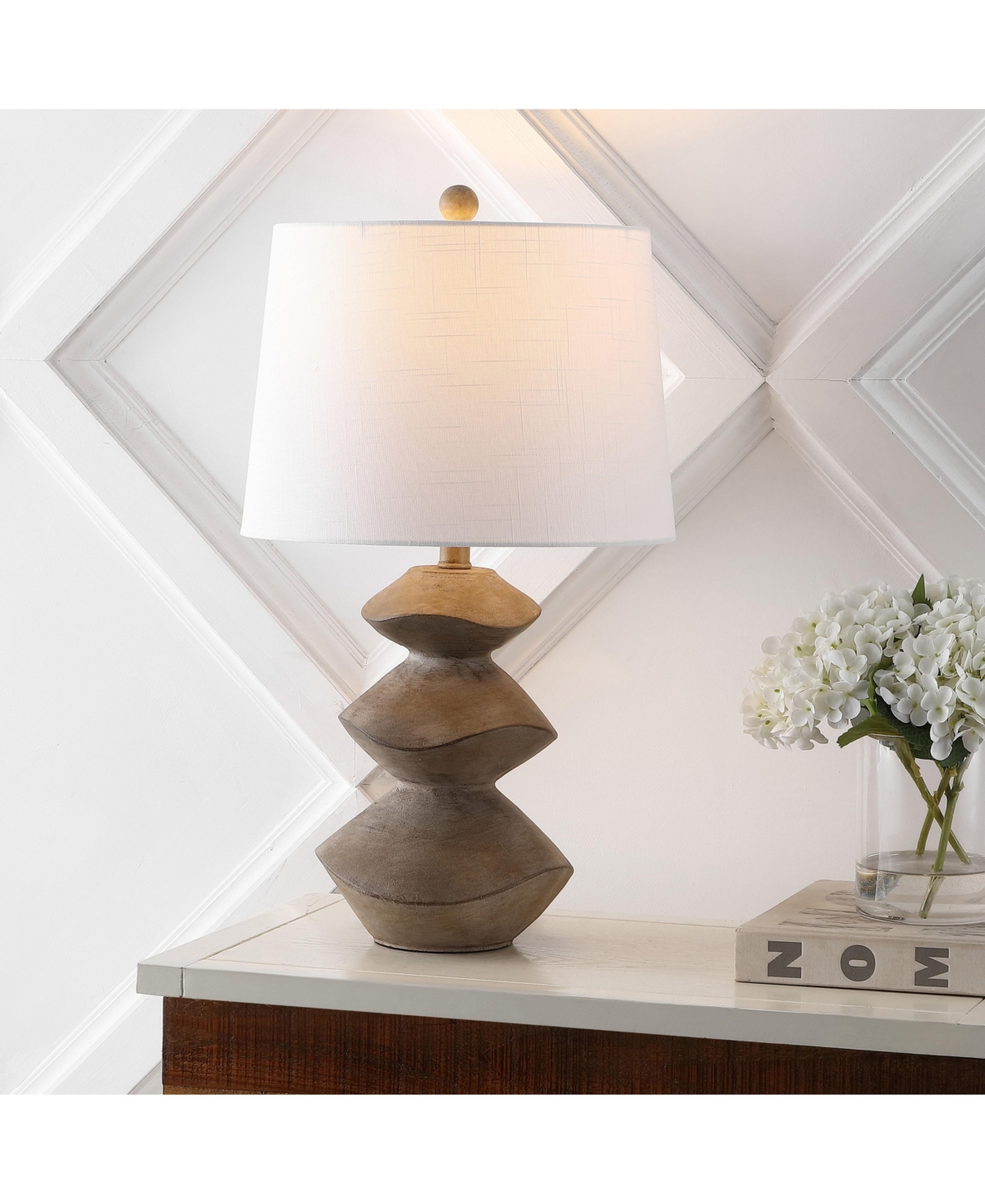 Jonathan Y Laken 24.5" Minimalist Coastal Resin/Iron 3-Stack Cairn Led Table Lamp, Brown Wood Finish