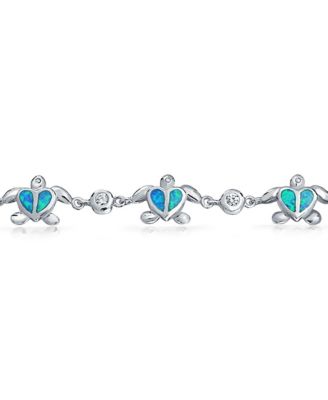 Nautical Synthetic Created Opal Inlay Sea Tortoise Turtles Heart Round CZ Accent Multi Charm Bracelet Sterling Silver