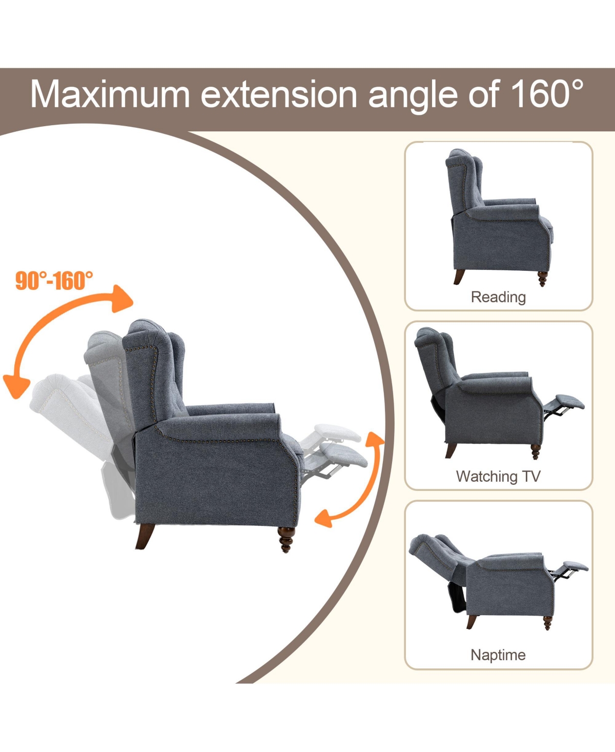 Boyel Living in. Elegant Nailhead Tufted Recliner, Push Back Accent Chair with Rubber Wooden Legs