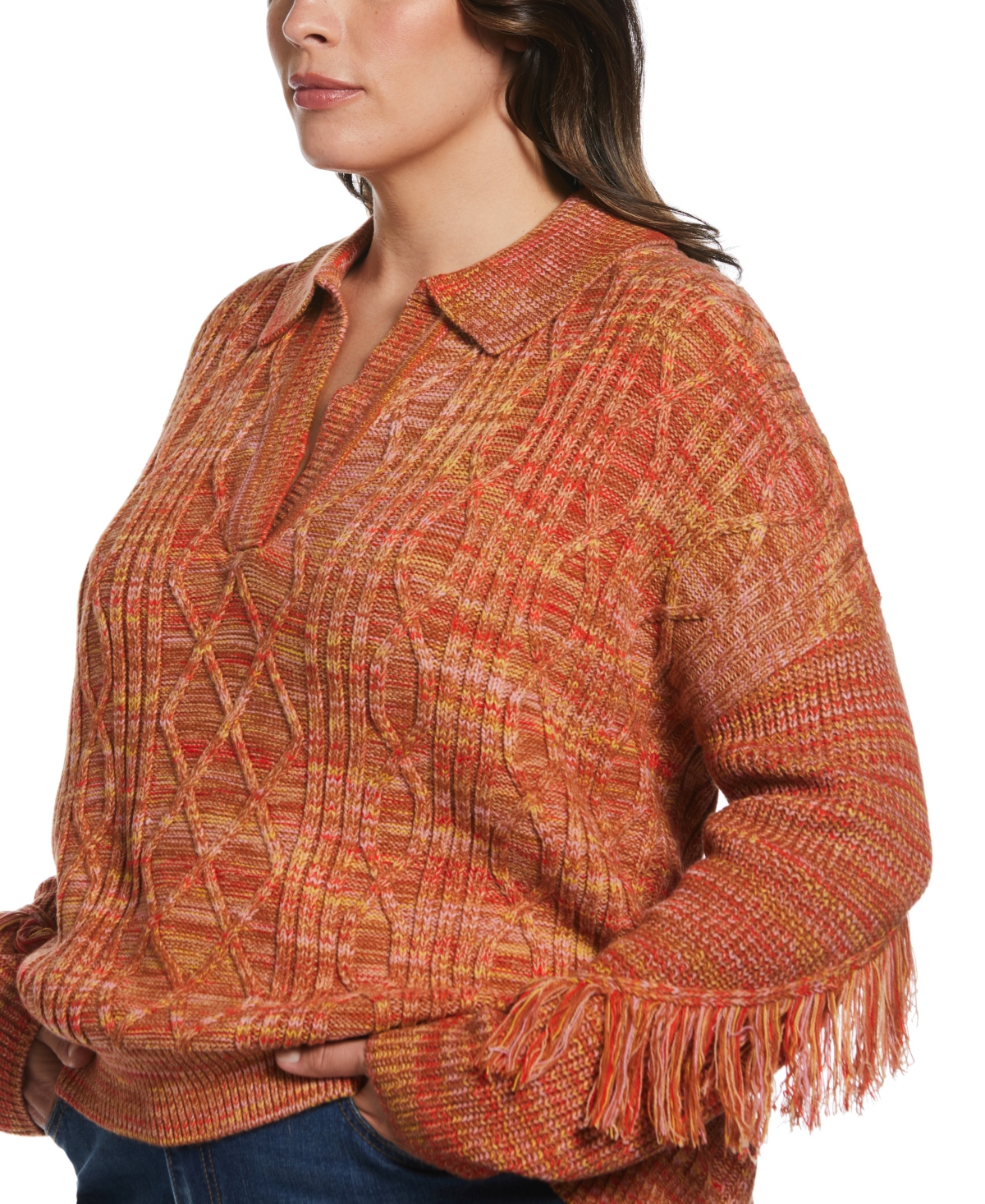 ELLA RAFAELLA PLUS SIZE FRINGE TRIM LONG SLEEVE POLO SWEATER 