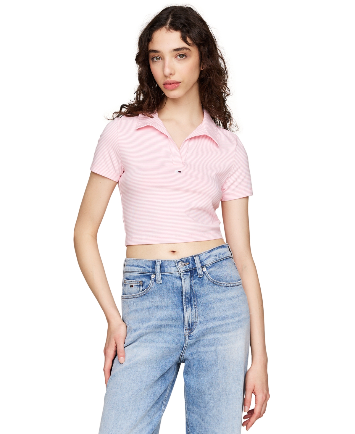 Tommy Jeans Women's Striped Short-Sleeve Cropped Polo Shirt -/ STRIPE