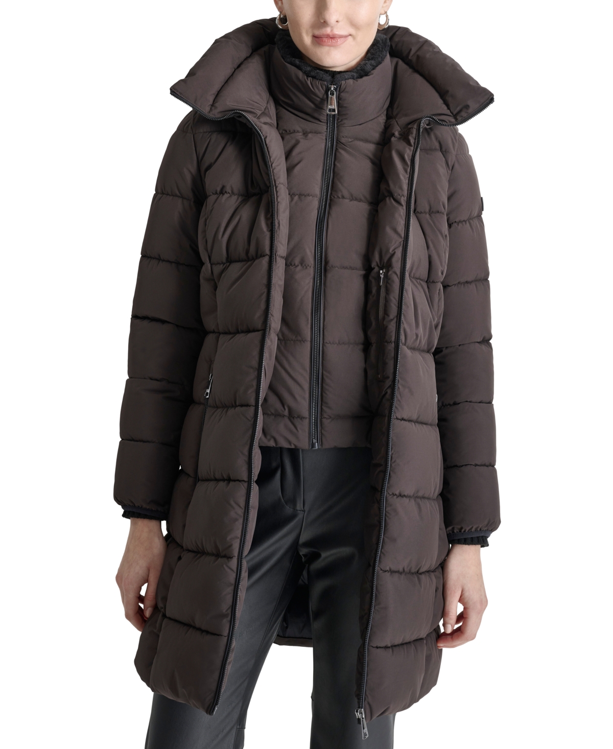 DKNY WOMEN'S BIBBED HOODED ZIP-FRONT PUFFER COAT 