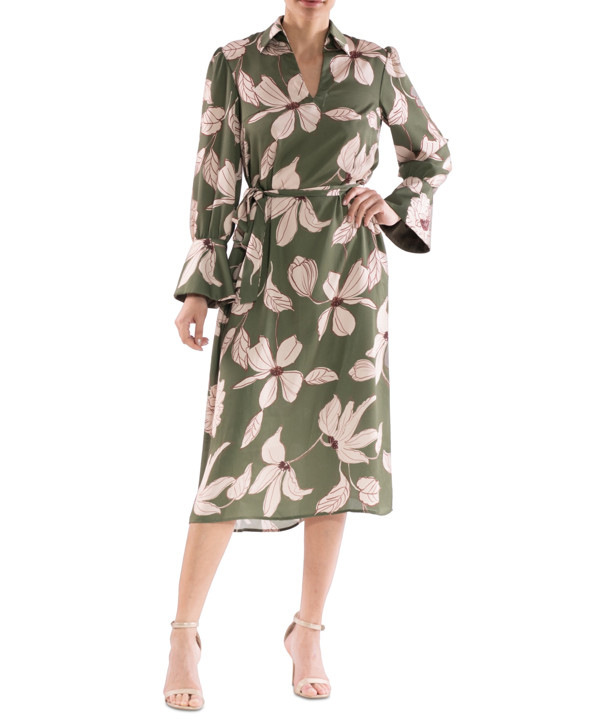 Women's Printed Chiffon Collared Midi Dress - Moss Ivy