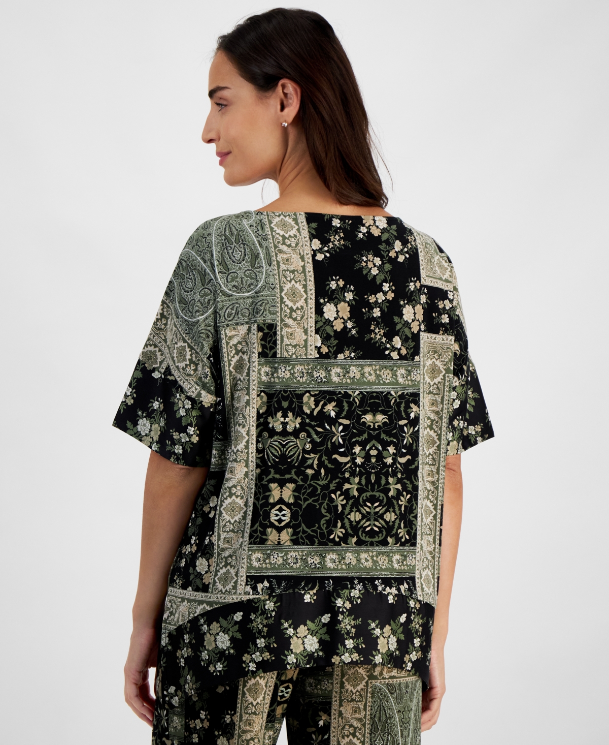 Jm Collection Petite Patchwork-Print Short-Sleeve Top, Created for Macy's