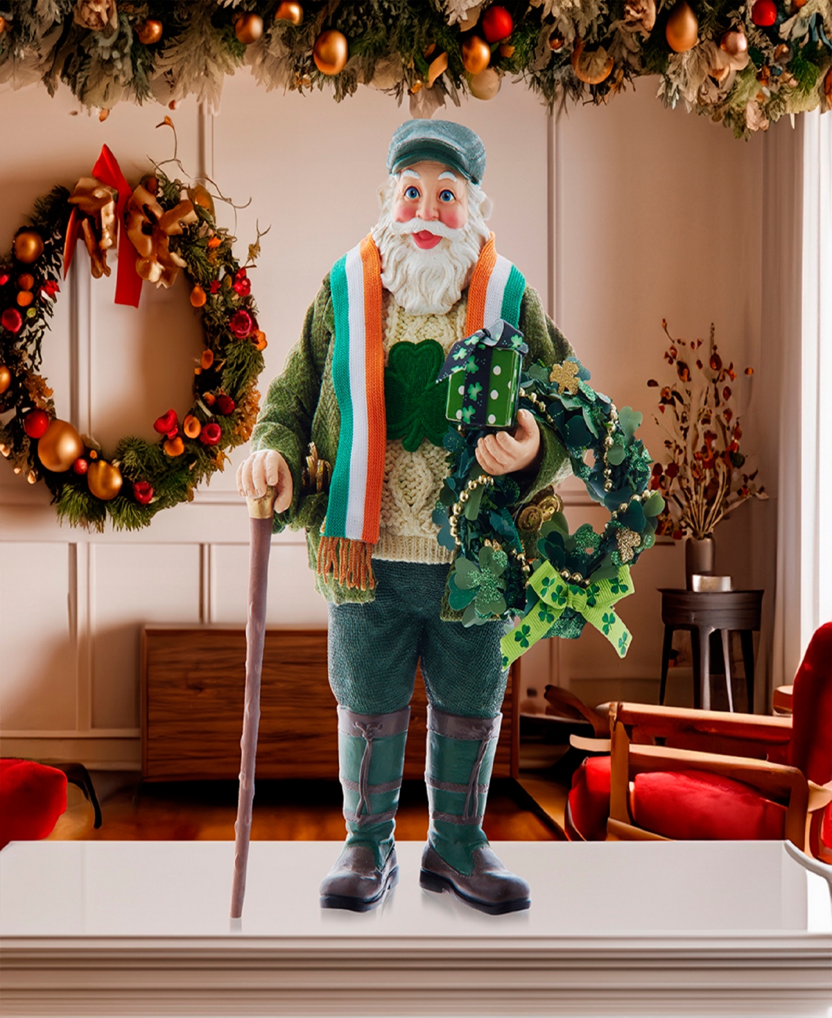 Kurt Adler 10.5-Inch Fabriche Musical Irish Santa with Wreath