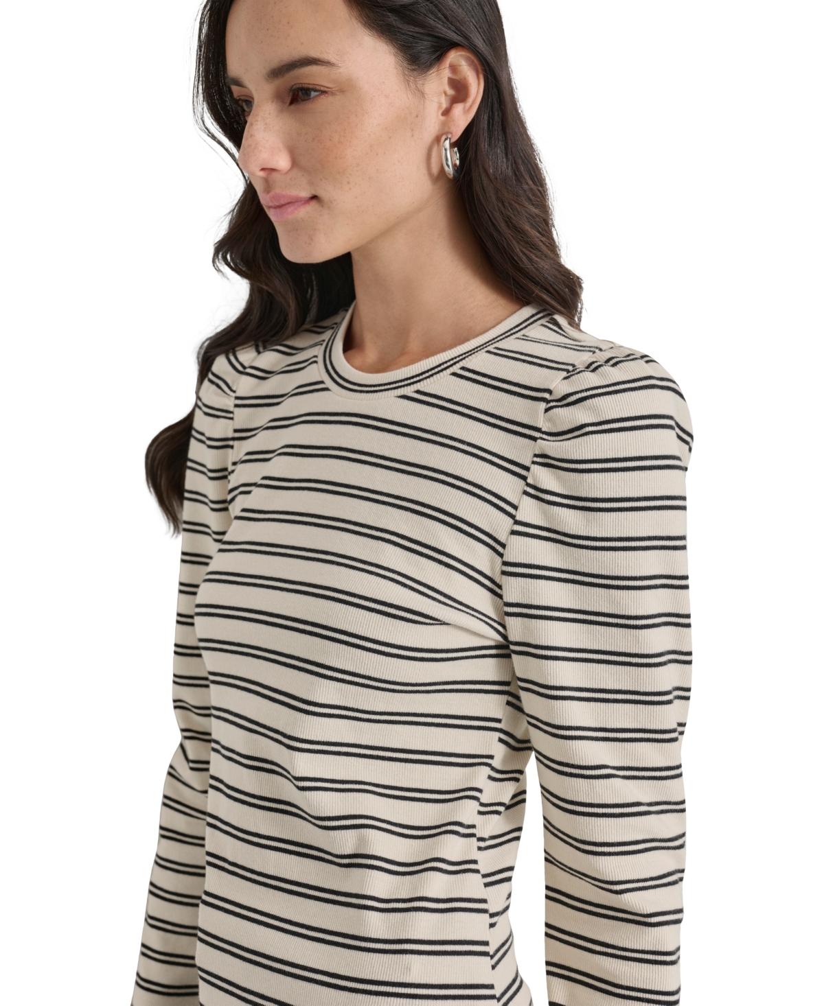 Dkny Jeans Petite Striped Round-Neck Puff-Shoulder Top -Black