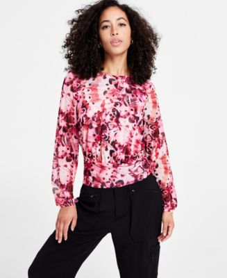 売れ筋商品|||バースリー カットソー トップス レディース Women's Printed Mesh Crewneck Top, Exclusively at Macy's Chateau Blue/bar White Bar III Women's Printed Mesh Crewneck Top, Exclusively at