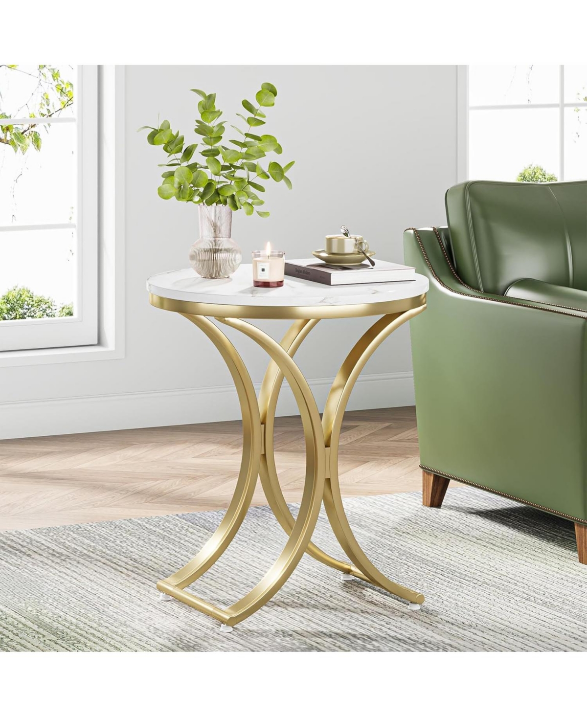Tribesigns Set of 2 Round Sofa Side Table, Marble White and Gold End Table, Contemporary Marble Side Table - White and gold