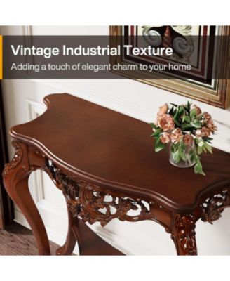 Antique Console Table, 38 Inch Victorian Half Moon Sofa Table with Hollow Floral Apron and Cabriole Legs for Entryway, Hallway, Living Room