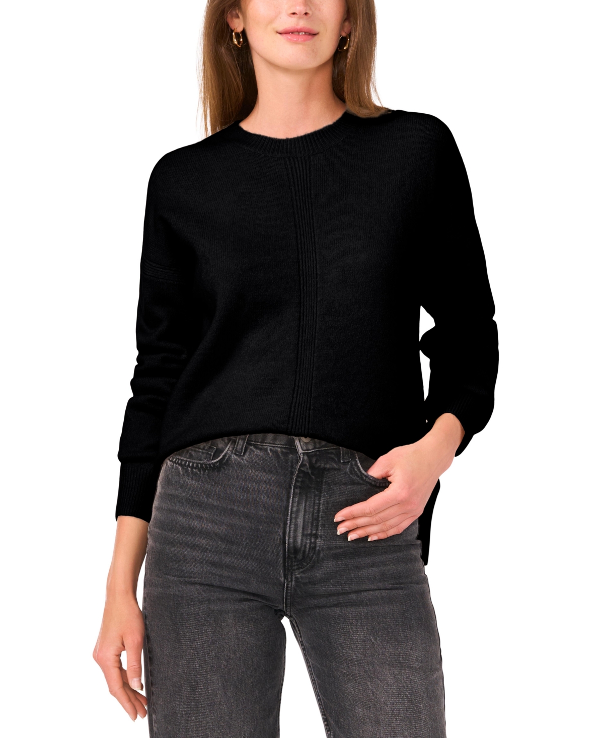 Women's Ribbed Crewneck Long-Sleeve Sweater - Rich Black