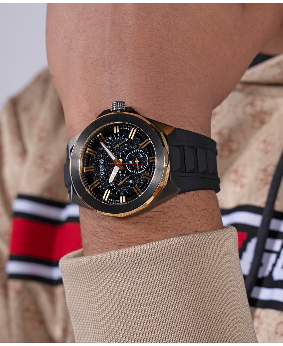 Guess Men's Multi-function Black Silicone Watch 46mm In Black