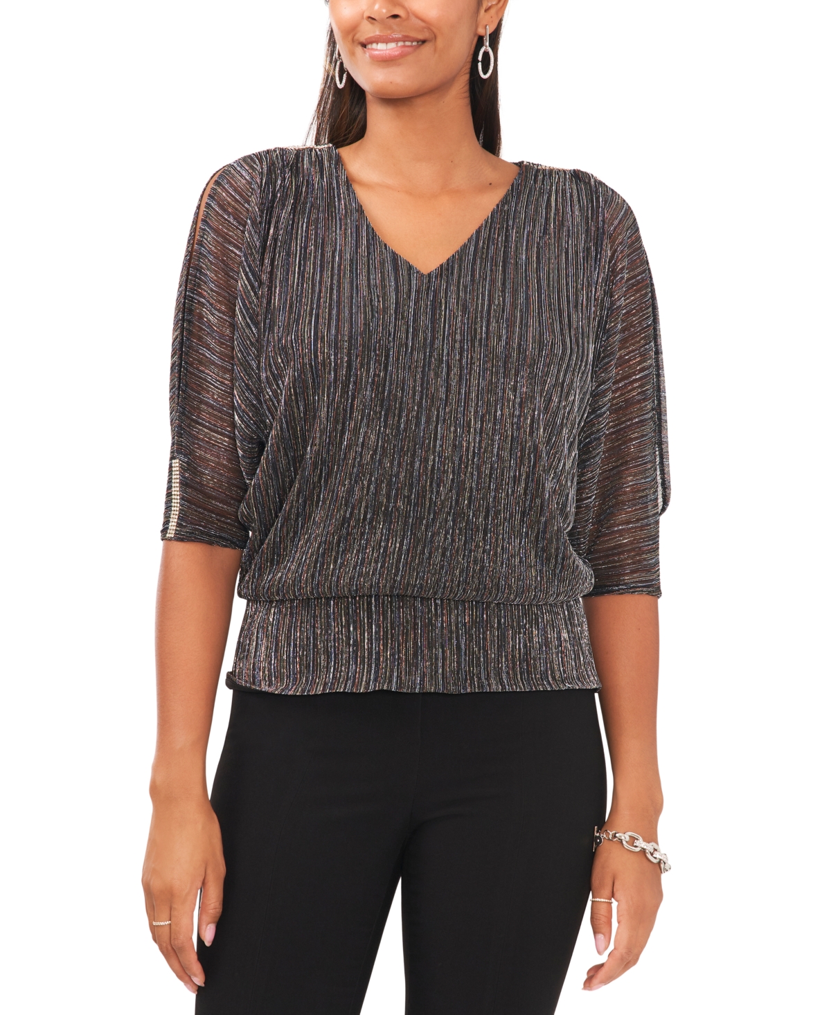 Petite Metallic V-Neck Elbow-Sleeve Blouse - Black/gold