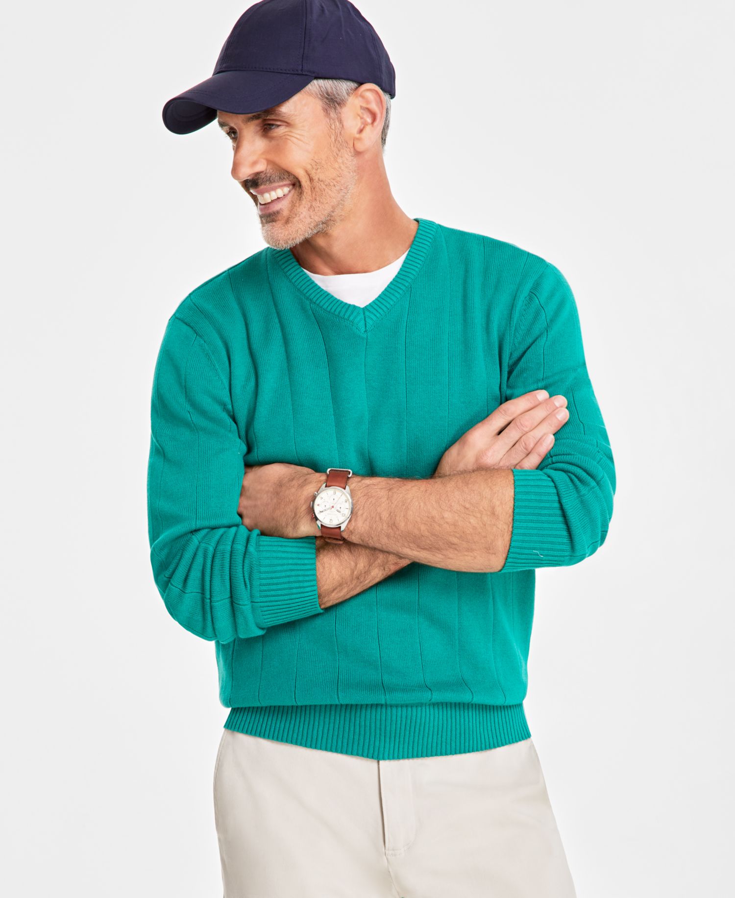 Men's Drop-Needle V-Neck Cotton Sweater