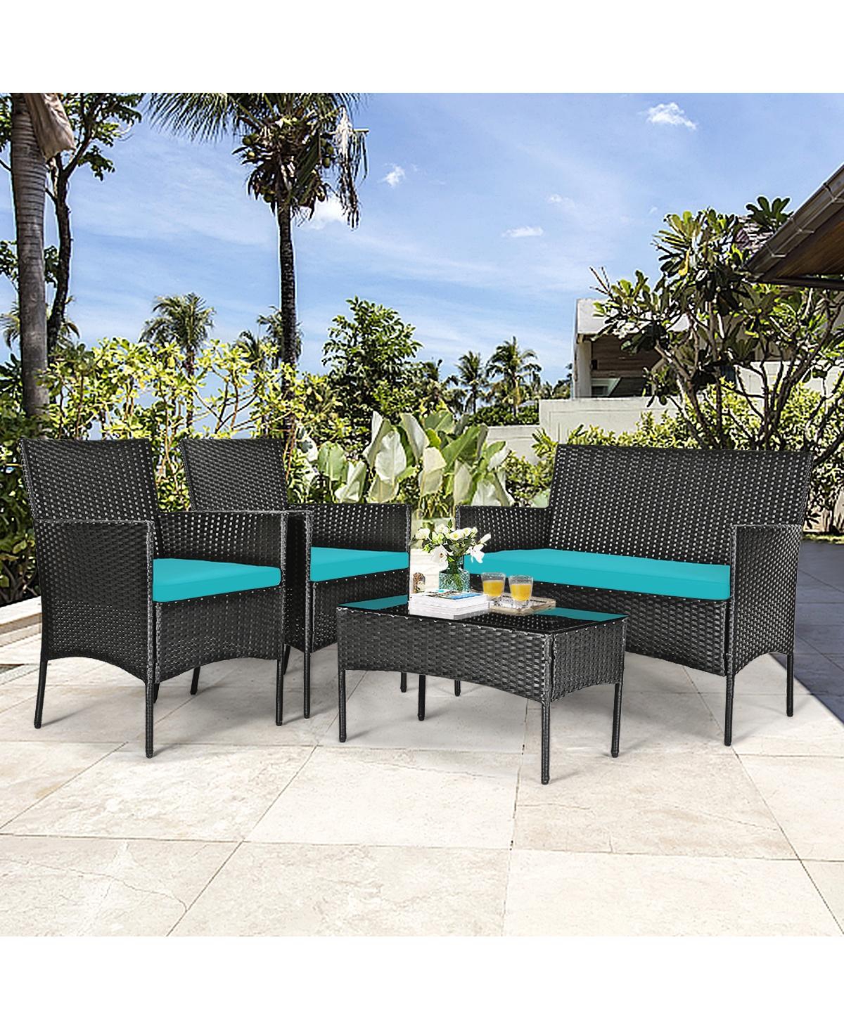 Sugift 4 Pieces Patio Rattan Cushioned Sofa Set with Tempered Glass Coffee Table-Turquoise