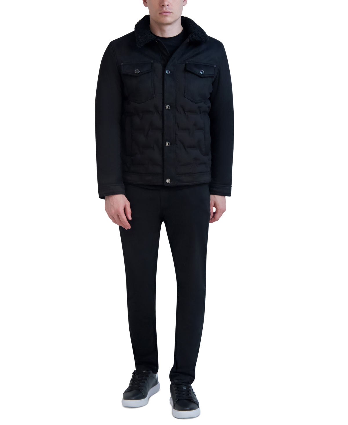 Karl Lagerfeld Men's Quilted Faux Fur Trim Trucker Jacket In Black