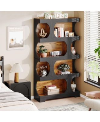 71" Tall Bookcase, 4-Tier S-Shaped Bookshelf, Wood Decorative Storage Shelving, Modern Freestanding Display Shelves, Large Library Book Shelf Unit for Home Office Living Room Bedroom