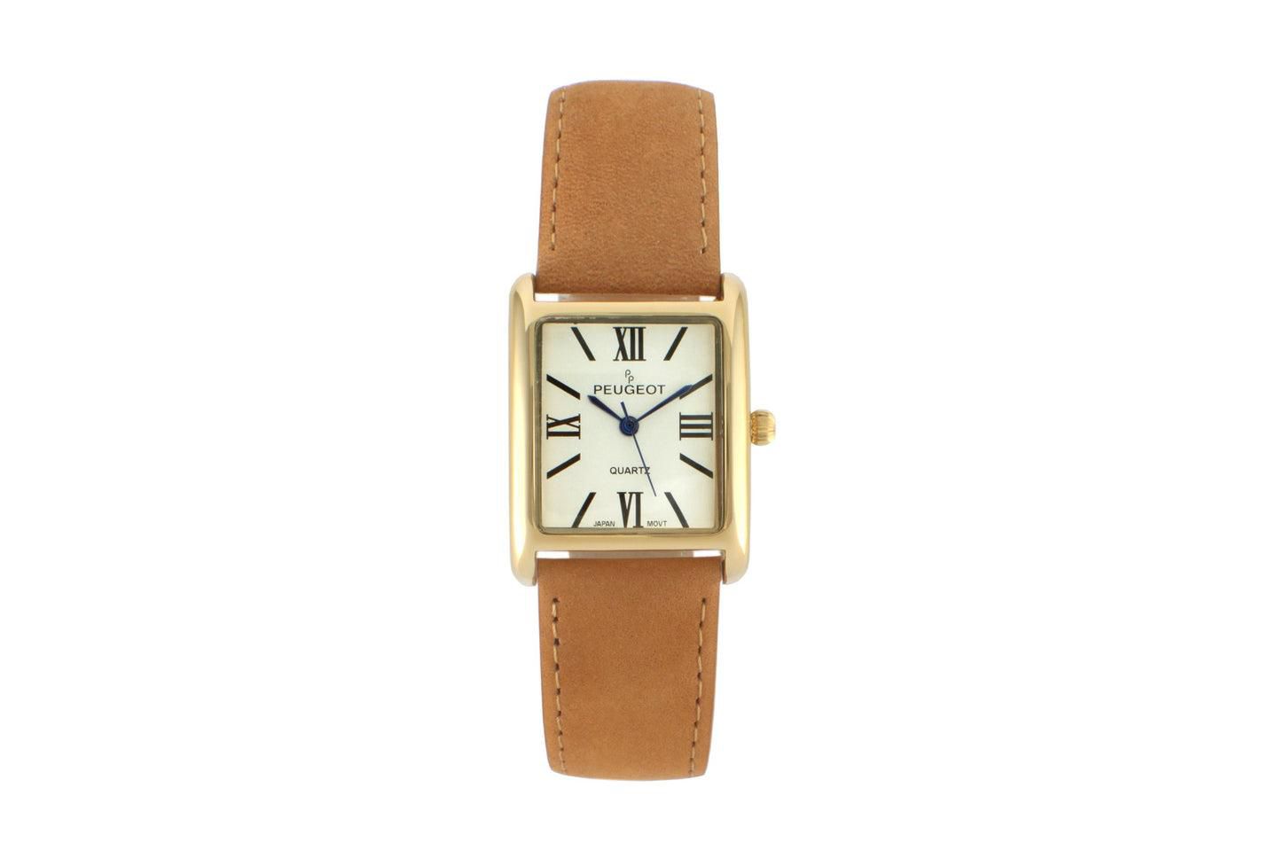 Женские часы Peugeot Tank Watch Roman Dial Brown Leather Strap, цвет: Коричневый — фото 1