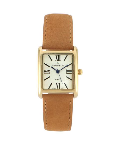 Женские часы Peugeot Tank Watch Roman Dial Brown Leather Strap, цвет: Коричневый
